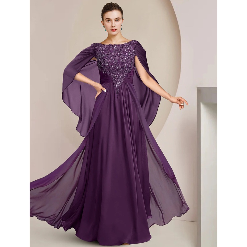 A-Line Mother of the Bride Dress Formal Wedding Guest Elegant Scoop Neck Floor Length Chiffon Lace Sleeveless with Beading Sequin Appliques