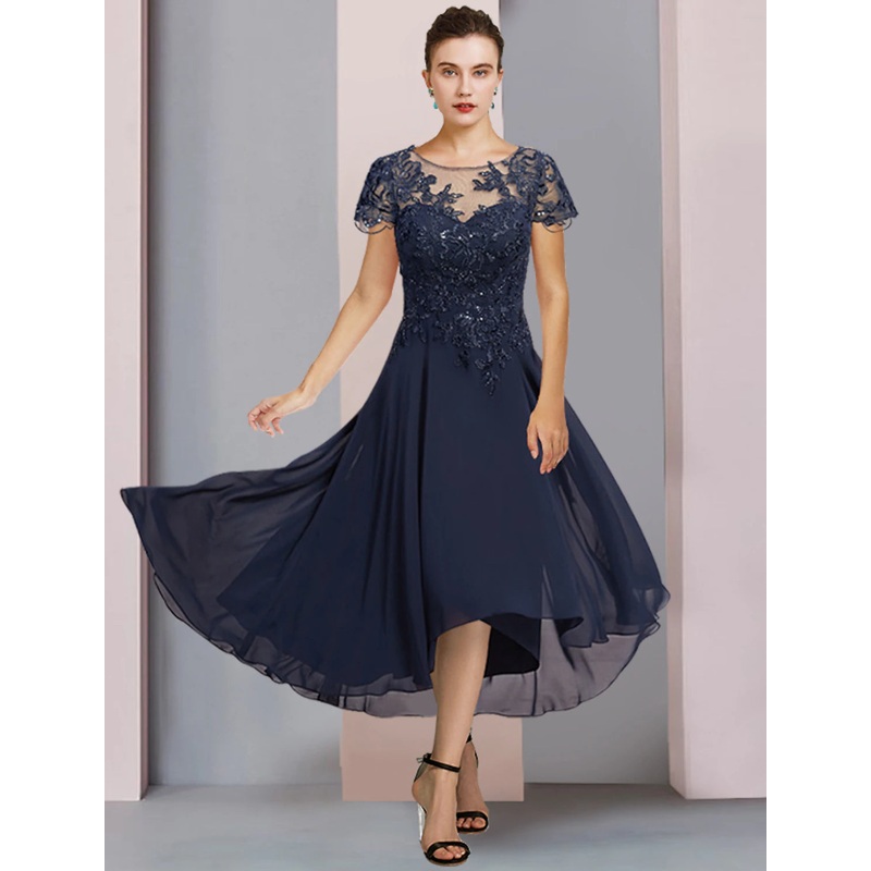 A-Line Mother of the Bride Dress Formal Wedding Guest Elegant Scoop Neck Jewel Neck Tea Length Chiffon Lace Short Sleeve with Pleats Sequin Appliques