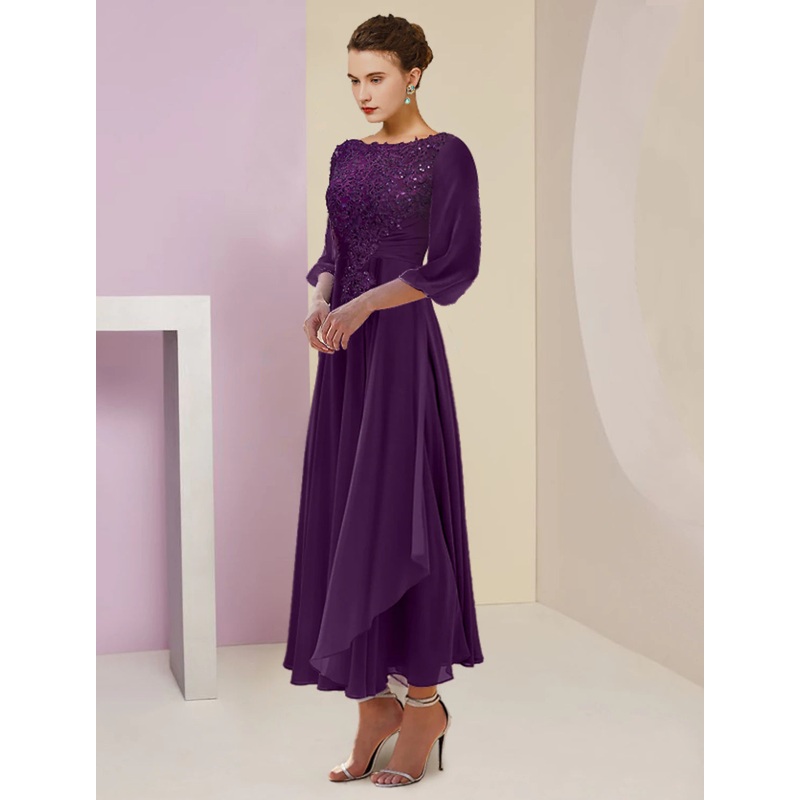 A-Line Mother of the Bride Dress Formal Wedding Guest Elegant Scoop Neck Tea Length Chiffon Lace 3/4 Length Sleeve with Beading Sequin Appliques