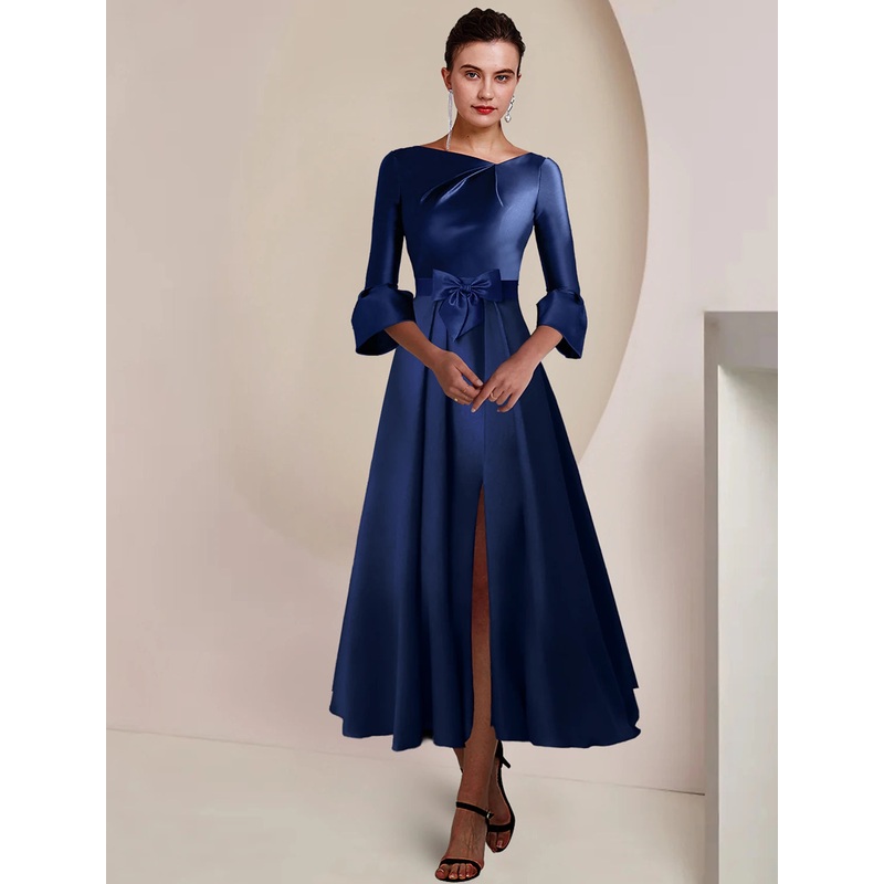 A-Line Mother of the Bride Dress Formal Wedding Guest Party Elegant Bateau Neck Tea Length Satin 3/4 Length Sleeve with Bow(s) Split Front