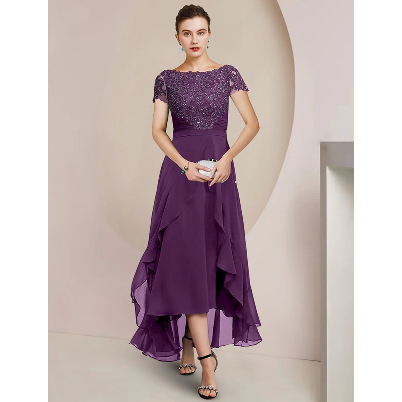 A-Line Mother of the Bride Dress Formal Wedding Guest Party Elegant Scoop Neck Asymmetrical Tea Length Chiffon Lace Short Sleeve with Beading Sequin Appliques