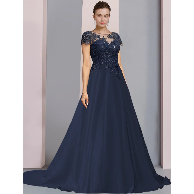 A-Line Mother of the Bride Dress Formal Wedding Guest Party Elegant Scoop Neck Sweep / Brush Train Satin Lace Short Sleeve with Sequin Appliques
