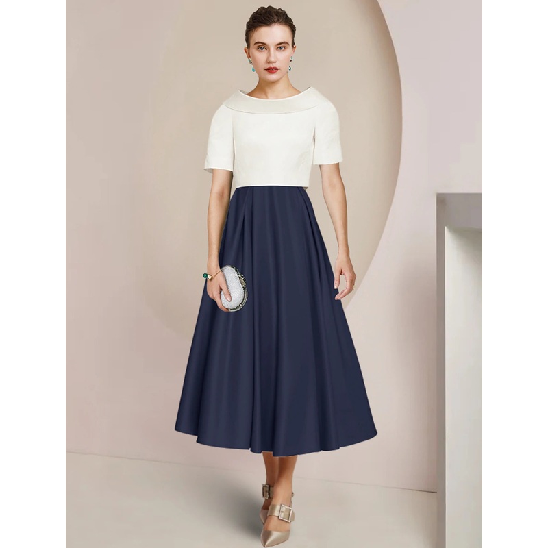 A-Line Mother of the Bride Dress Formal Wedding Guest Party Elegant Scoop Neck Tea Length Satin Short Sleeve with Pleats Color Block