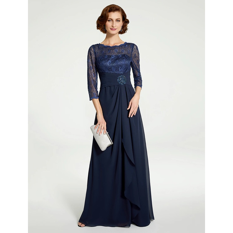 A-Line Mother of the Bride Dress Jewel Neck Floor Length Chiffon Lace 3/4 Length Sleeve with Lace Ruching