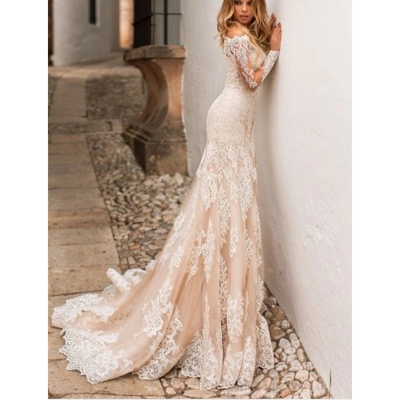 Engagement Formal Fall Wedding Dresses Mermaid / Trumpet Off Shoulder Long Sleeve Sweep / Brush Train Lace Outdoor Bridal Gowns With Pleats Appliques 2023 Summer Wedding Party