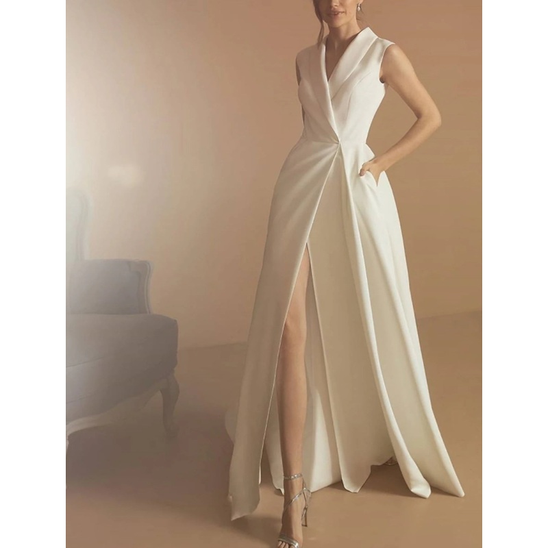 Hall Casual Wedding Dresses A-Line V Neck Sleeveless Floor Length Satin Bridal Gowns With Split Front 2023 Summer Wedding Party