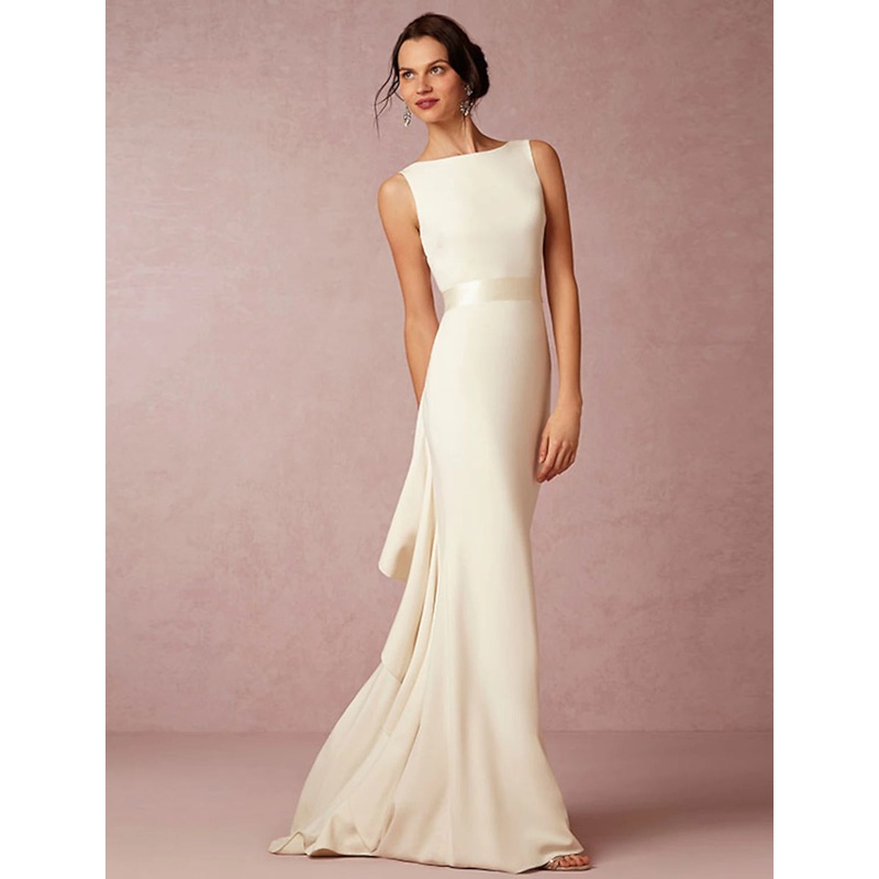 Hall Open Back Casual Wedding Dresses Sheath / Column Scoop Neck Sleeveless Sweep / Brush Train Stretch Fabric Bridal Gowns With Draping Summer Fall Wedding Party