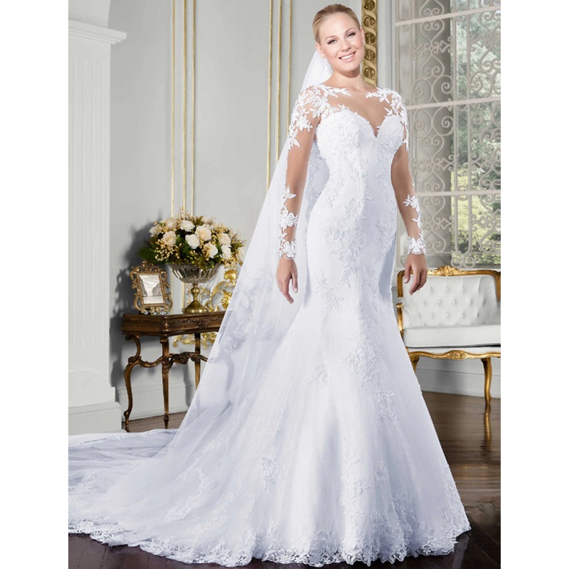 Open Back Sexy Formal Fall Wedding Dresses Mermaid / Trumpet Illusion Neck Long Sleeve Chapel Train Lace Bridal Gowns With Lace Appliques 2023 Summer Wedding Party