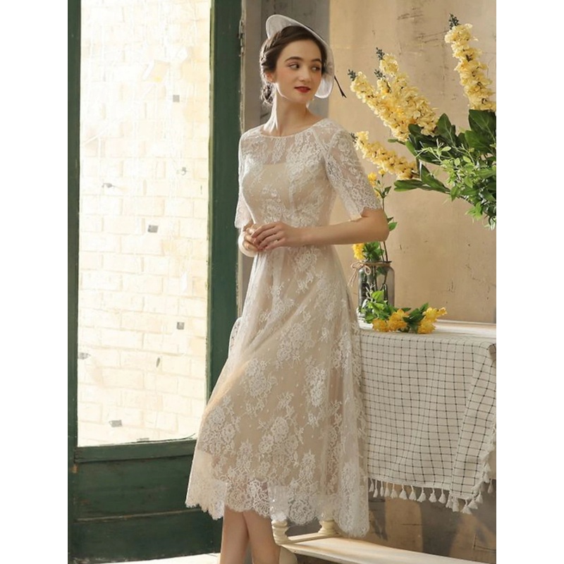 Reception Fall Wedding Dresses Little White Dresses in Color A-Line Illusion Neck Half Sleeve Tea Length Lace Bridal Gowns With Sash / Ribbon Appliques Summer Party