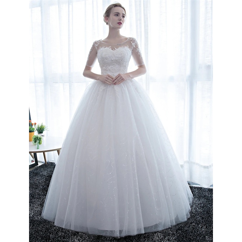 Reception Formal Wedding Dresses Ball Gown Illusion Neck Half Sleeve Floor Length Satin Bridal Gowns With Lace 2023 Summer Wedding Party
