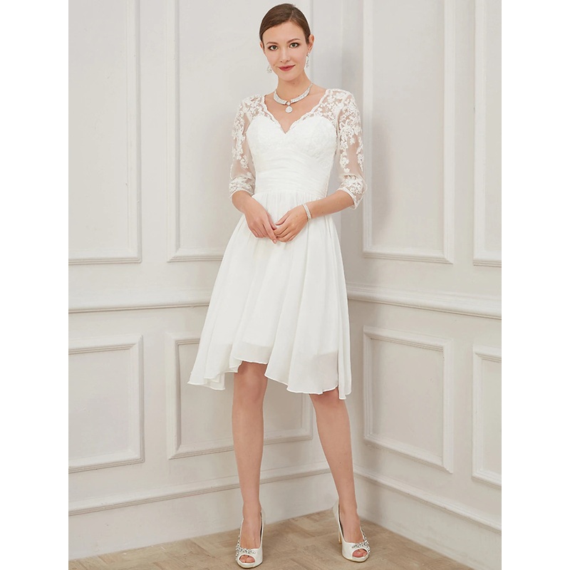 Reception Little White Dresses Wedding Dresses A-Line V Neck Half Sleeve Knee Length Chiffon Bridal Gowns With Draping Appliques 2023 Summer Wedding Party