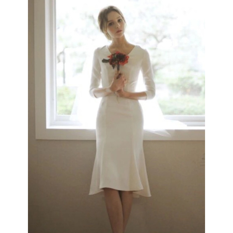Reception Little White Dresses Wedding Dresses Mermaid / Trumpet V Neck 3/4 Length Sleeve Asymmetrical Satin Bridal Gowns With 2023 Summer Wedding Party