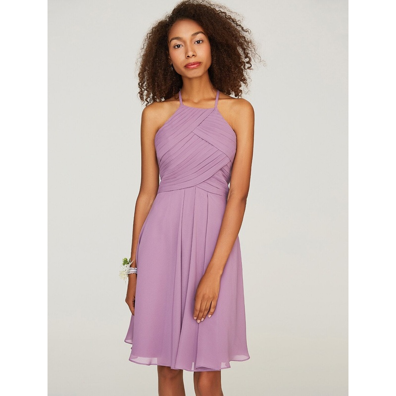 A-Line Bridesmaid Dress Halter Neck Sleeveless Keyhole Knee Length Chiffon with Ruffles