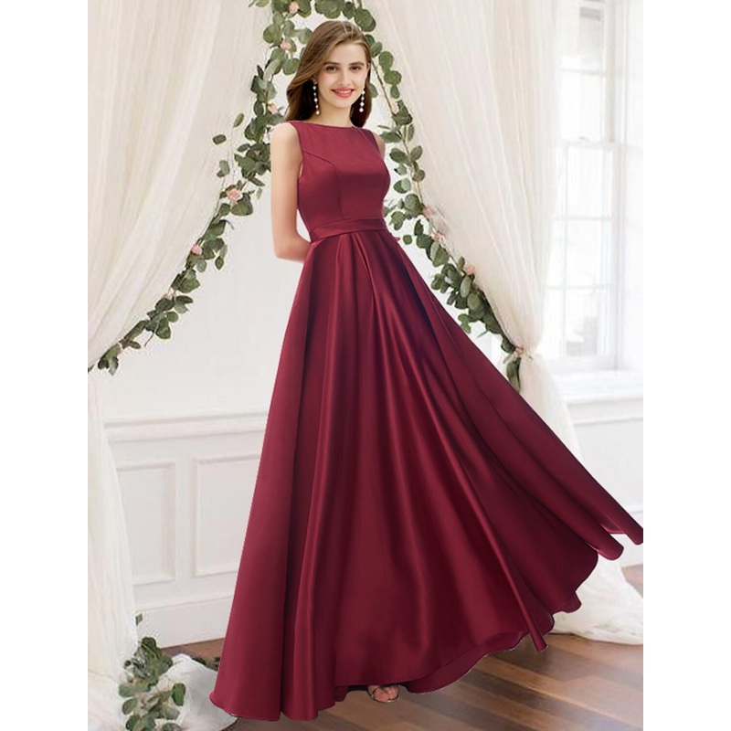 A-Line Bridesmaid Dress Jewel Neck Sleeveless Elegant Floor Length Charmeuse with Pleats