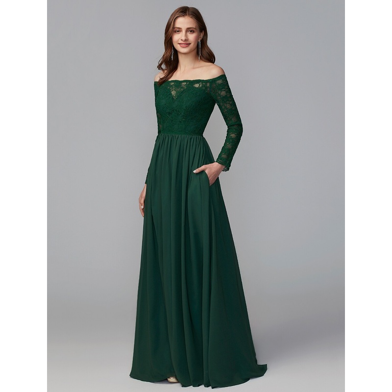 A-Line Bridesmaid Dress Off Shoulder Long Sleeve Elegant Floor Length Chiffon / Lace with Lace