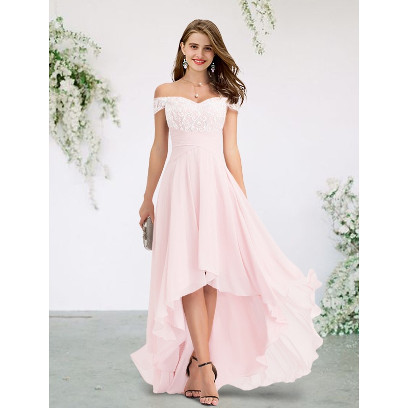 A-Line Bridesmaid Dress Off Shoulder Short Sleeve Elegant Sweep / Brush Train / Asymmetrical Chiffon / Lace with Appliques