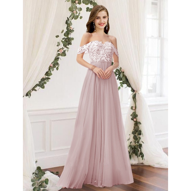 A-Line Bridesmaid Dress Off Shoulder Sleeveless Elegant Floor Length Chiffon / Lace with Pleats / Appliques