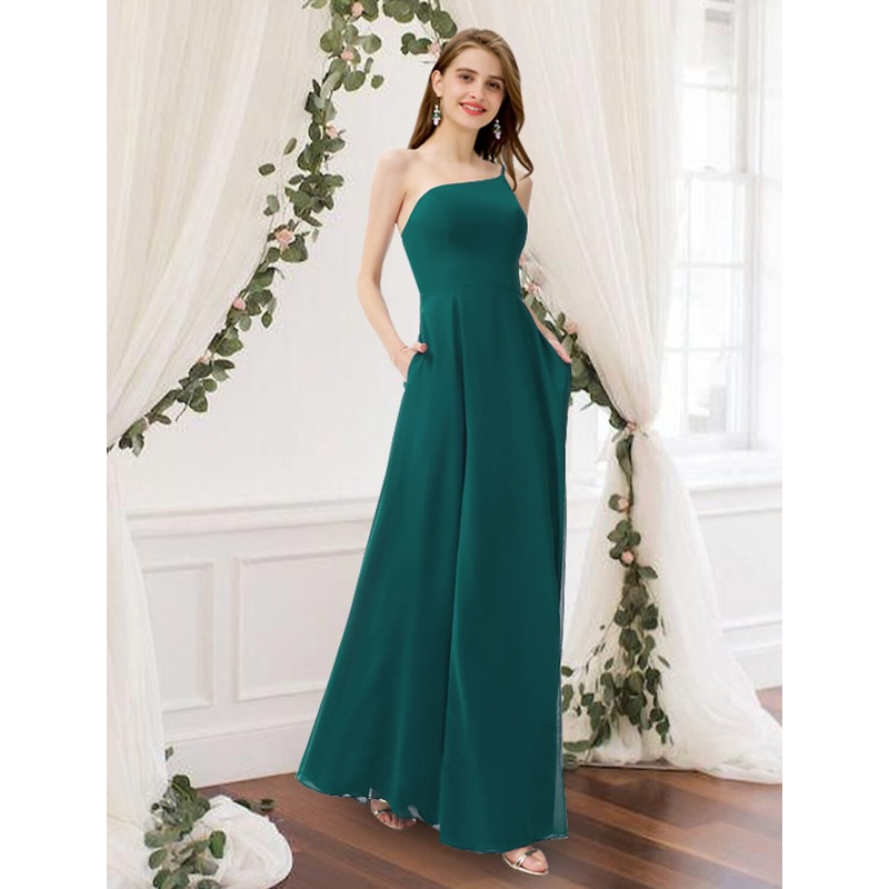 A-Line Bridesmaid Dress One Shoulder Sleeveless Elegant Floor Length Chiffon with Pleats