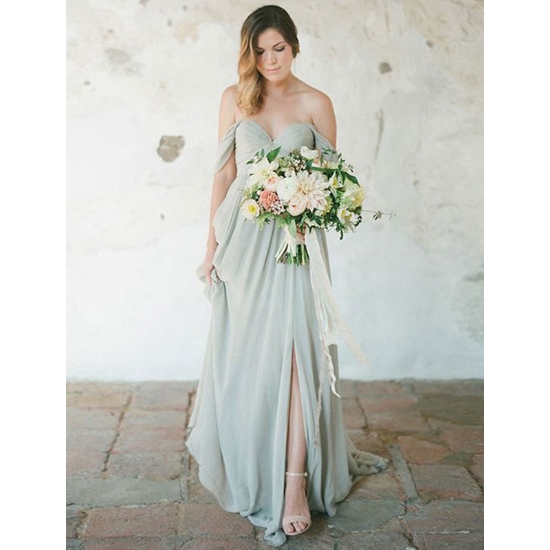 A-Line Bridesmaid Dress Sweetheart Neckline Short Sleeve Furcal Floor Length Chiffon with Pleats / Split Front