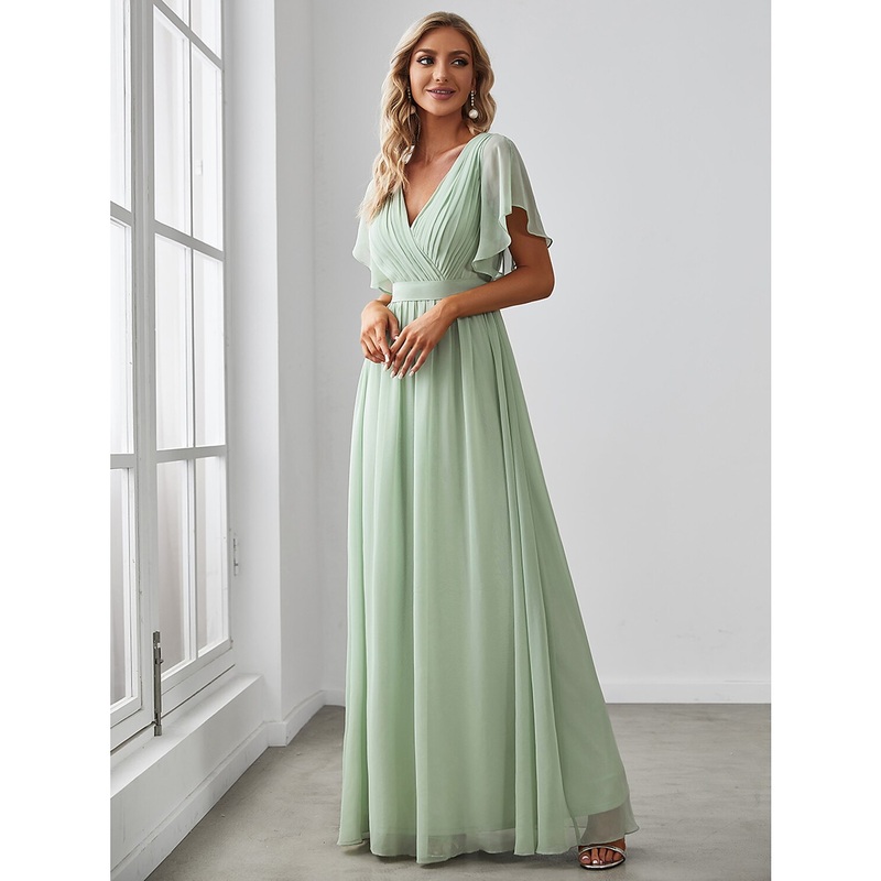 A-Line Bridesmaid Dress V Neck Short Sleeve Elegant Stretch Chiffon with Ruffles / Solid Color