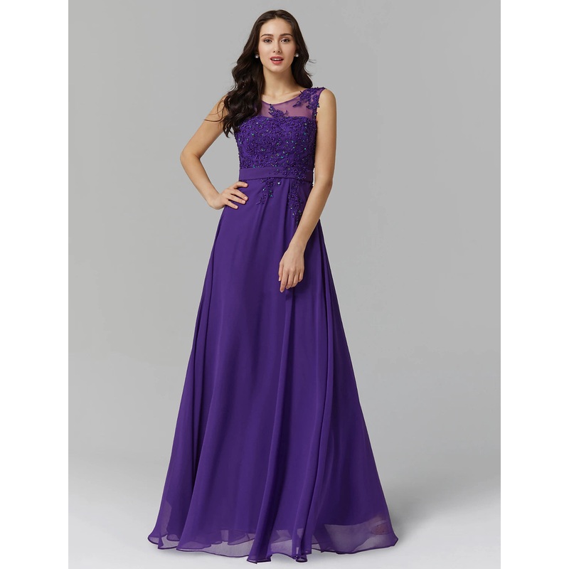 A-Line Chinese Style Dress Wedding Guest Floor Length Sleeveless Illusion Neck Chiffon V Back with Beading Appliques