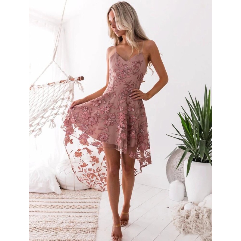 A-Line Cocktail Dresses Elegant Floral Wedding Guest Dress Homecoming Party Asymmetrical Sleeveless Spaghetti Strap Tulle with Appliques