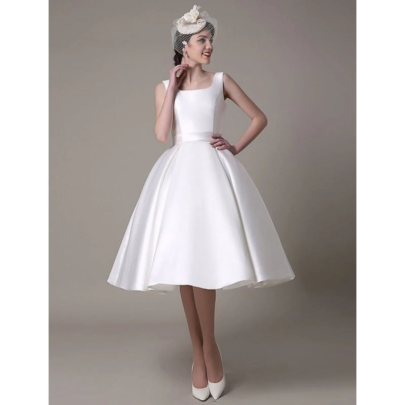 A-Line Cocktail Dresses Party Dress Wedding Guest Knee Length Sleeveless Square Neck Satin with Plets