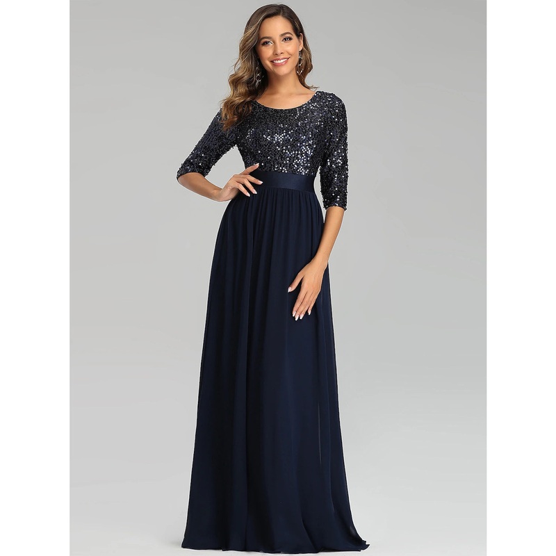 A-Line Elegant Wedding Guest Formal Evening Dress Jewel Neck 3/4 Length Sleeve Floor Length Tulle with Sequin