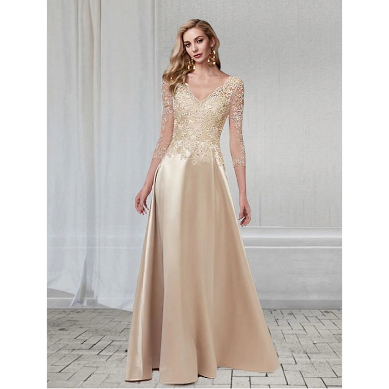 A-Line Elegant Wedding Guest Formal Evening Dress V Neck 3/4 Length Sleeve Floor Length Chiffon with Appliques