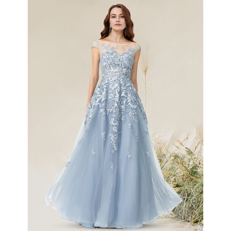 A-Line Empire Elegant Party Wear Formal Evening Dress Jewel Neck Sleeveless Floor Length Lace with Appliques