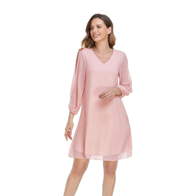 A-Line Empire Homecoming Cocktail Party Dress V Neck 3/4 Length Sleeve Short / Mini Chiffon with Slit Pure Color