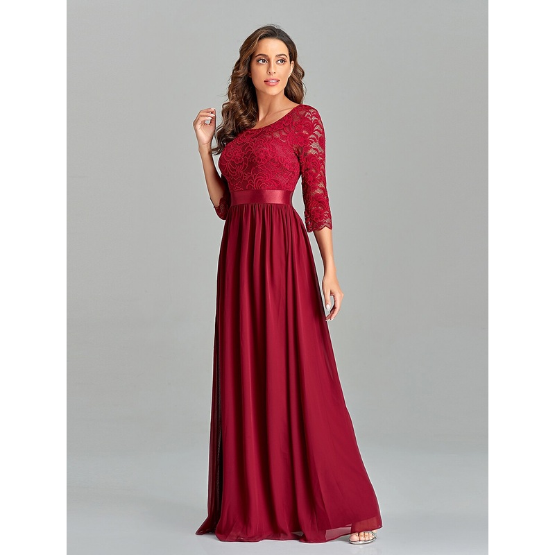 A-Line Evening Gown Beautiful Back Dress Prom Floor Length Half Sleeve Jewel Neck Chiffon V Back with Lace Insert