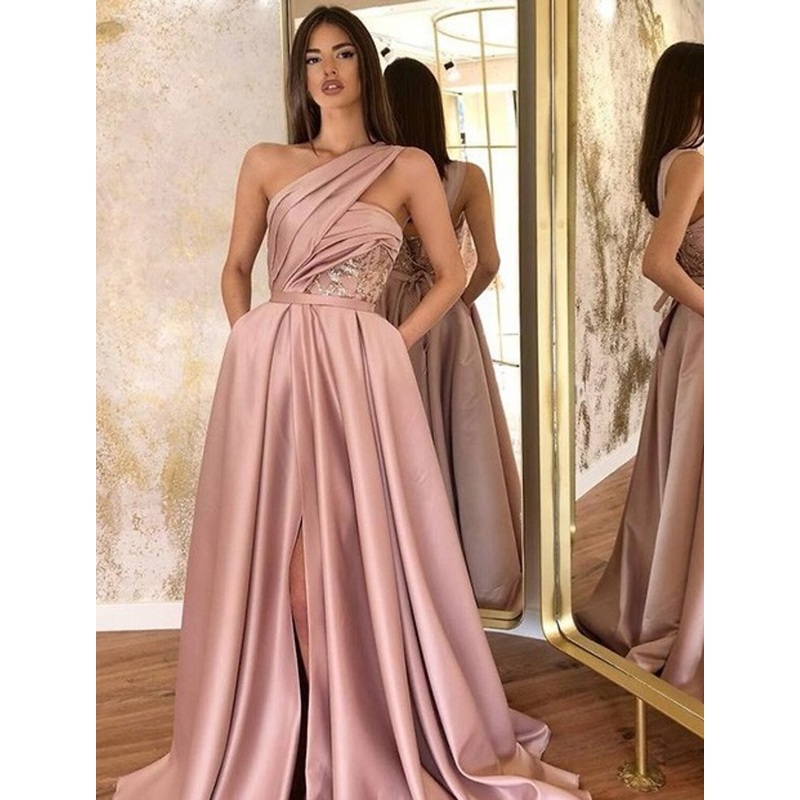 A-Line Evening Gown Celebrity Style Dress Formal Floor Length Sleeveless One Shoulder Satin with Ruched Slit