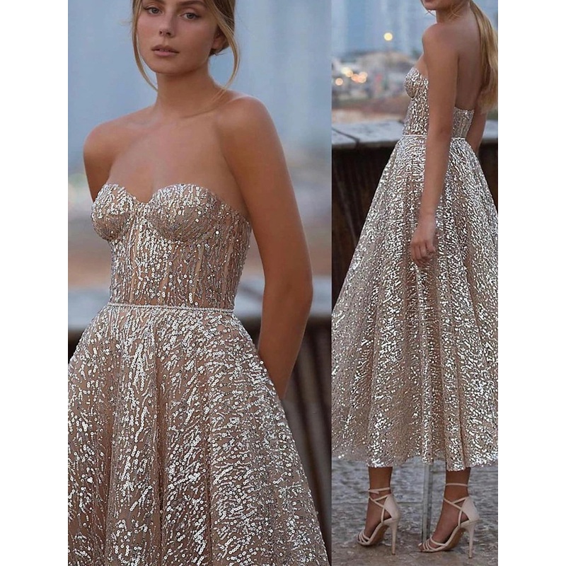 A-Line Evening Gown Corsets Dress Party Wear Tea Length Sleeveless Strapless Tulle with Sequin