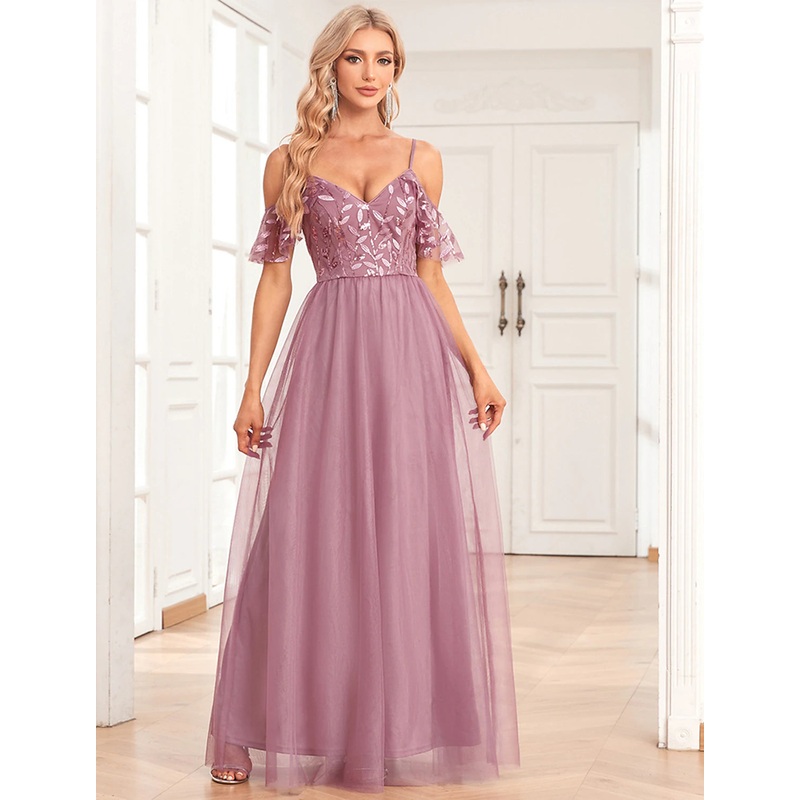 A-Line Evening Gown Elegant Dress Evening Party Floor Length Sleeveless Spaghetti Strap Bridesmaid Dress Tulle V Back with Sequin Embroidery