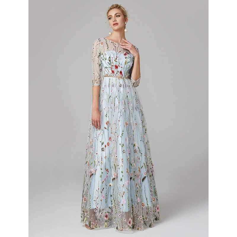 A-Line Evening Gown Elegant Dress Holiday Floor Length 3/4 Length Sleeve Illusion Neck Lace with Embroidery
