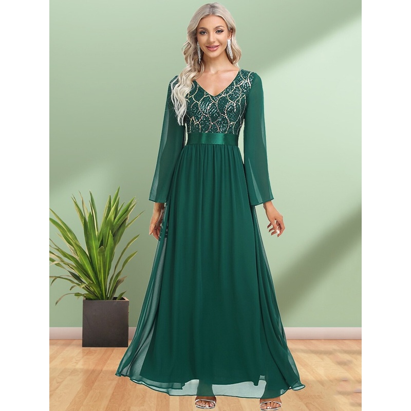 A-Line Evening Gown Elegant Dress Party Wear Floor Length Long Sleeve V Neck Chiffon with Sequin