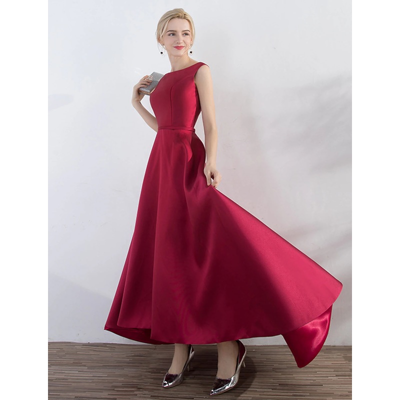 A-Line Evening Gown Elegant Minimalist Dress Party Wear Wedding Guest Asymmetrical Sleeveless Jewel Neck Satin with Sleek