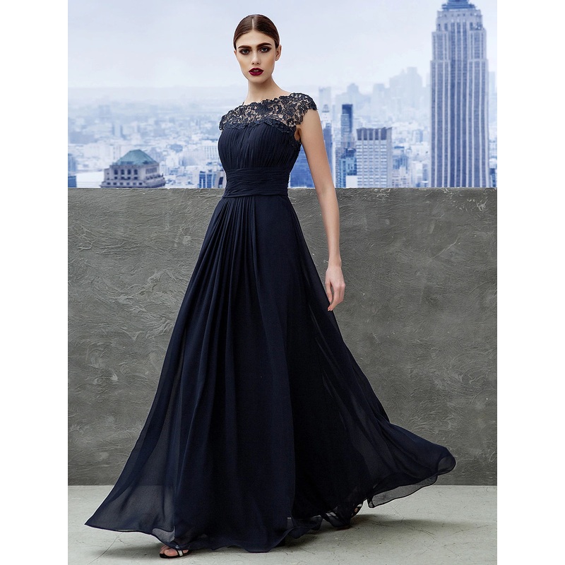 A-Line Evening Gown Empire Dress Wedding Guest Floor Length Short Sleeve Boat Neck Chiffon with Ruched Lace Insert