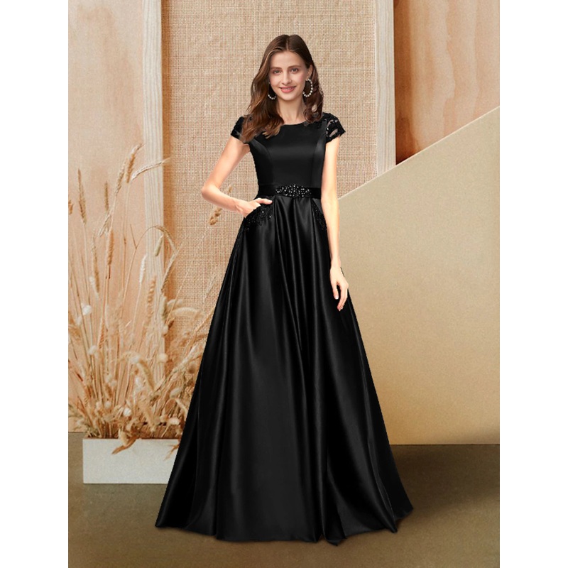 A-Line Evening Gown Luxurious Dress Wedding Guest Floor Length Short Sleeve Jewel Neck Pocket Satin with Beading Lace Insert Pocket