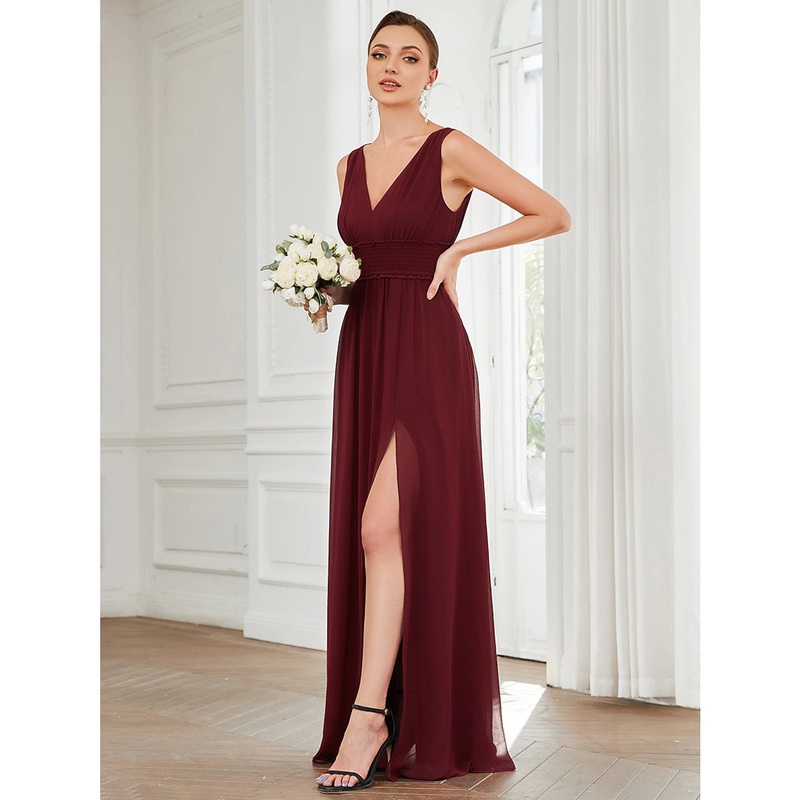 A-Line Evening Gown Minimalist Dress Wedding Guest Floor Length Sleeveless V Neck Chiffon with Pleats