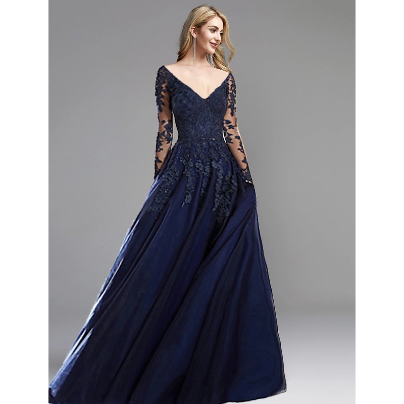 A-Line Evening Gown Open Back Dress Formal Evening Sweep / Brush Train Long Sleeve Plunging Neck Chiffon with Appliques