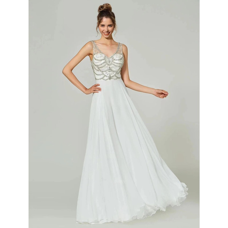 A-Line Evening Gown Open Back Dress Formal Floor Length Sleeveless V Neck Chiffon with Rhinestone