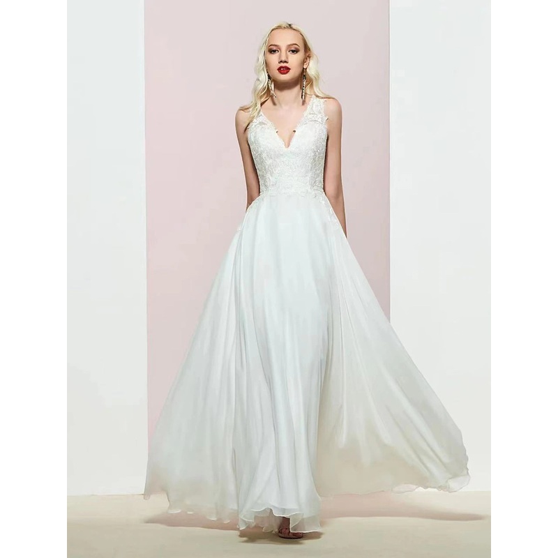 A-Line Evening Gown Open Back Dress Wedding Party Floor Length Sleeveless V Neck Chiffon with Appliques