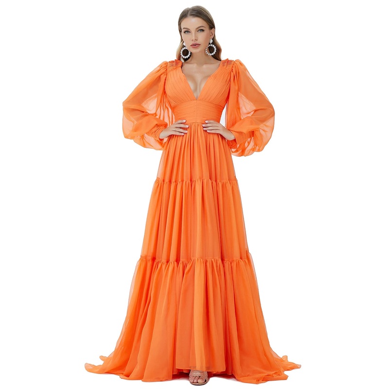 A-Line Evening Gown Sexy Dress Party Wear Sweep / Brush Train Long Sleeve V Neck Chiffon with Ruched