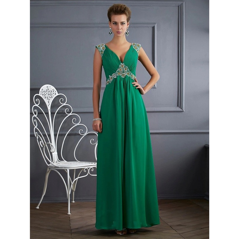 A-Line Evening Gown Sparkle & Shine Dress Formal Floor Length Sleeveless V Neck Chiffon with Rhinestone Ruched