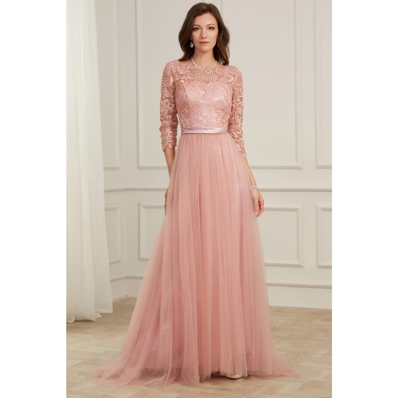 A-Line Evening Gown Spring Dress Party Wear Sweep / Brush Train Long Sleeve Jewel Neck Lace with Appliques