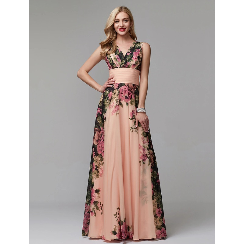 A-Line Floral Dress Holiday Floor Length Sleeveless V Neck Bridesmaid Dress Chiffon with Pattern / Print