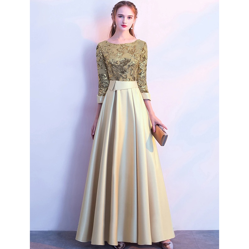 A-Line Glittering Elegant Prom Formal Evening Dress Jewel Neck 3/4 Length Sleeve Floor Length Satin with Sequin