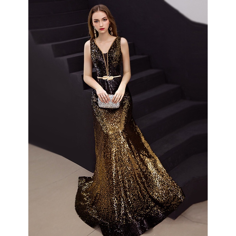 A-Line Minimalist Elegant Party Wear Formal Evening Dress V Neck Sleeveless Floor Length Satin with Sequin